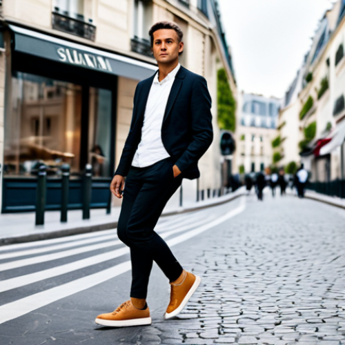 Home 6 **Prompt 1: Sophisticated Urban Style with Leather Sneakers**
A stylish adult professional in a Parisian street setting, fully clothed in a modest, modern business casual outfit. They are walking confidently, showcasing a pair of high-quality, full-grain tan leather sneakers. The image emphasizes the blend of timeless elegance and contemporary comfort. The background features blurred typical Parisian architecture. The subject has perfect anatomy, correct proportions, and a natural pose, with well-formed hands and proper finger count. safe for work, appropriate content, fully clothed, professional, high quality, natural light, cinematic photography.