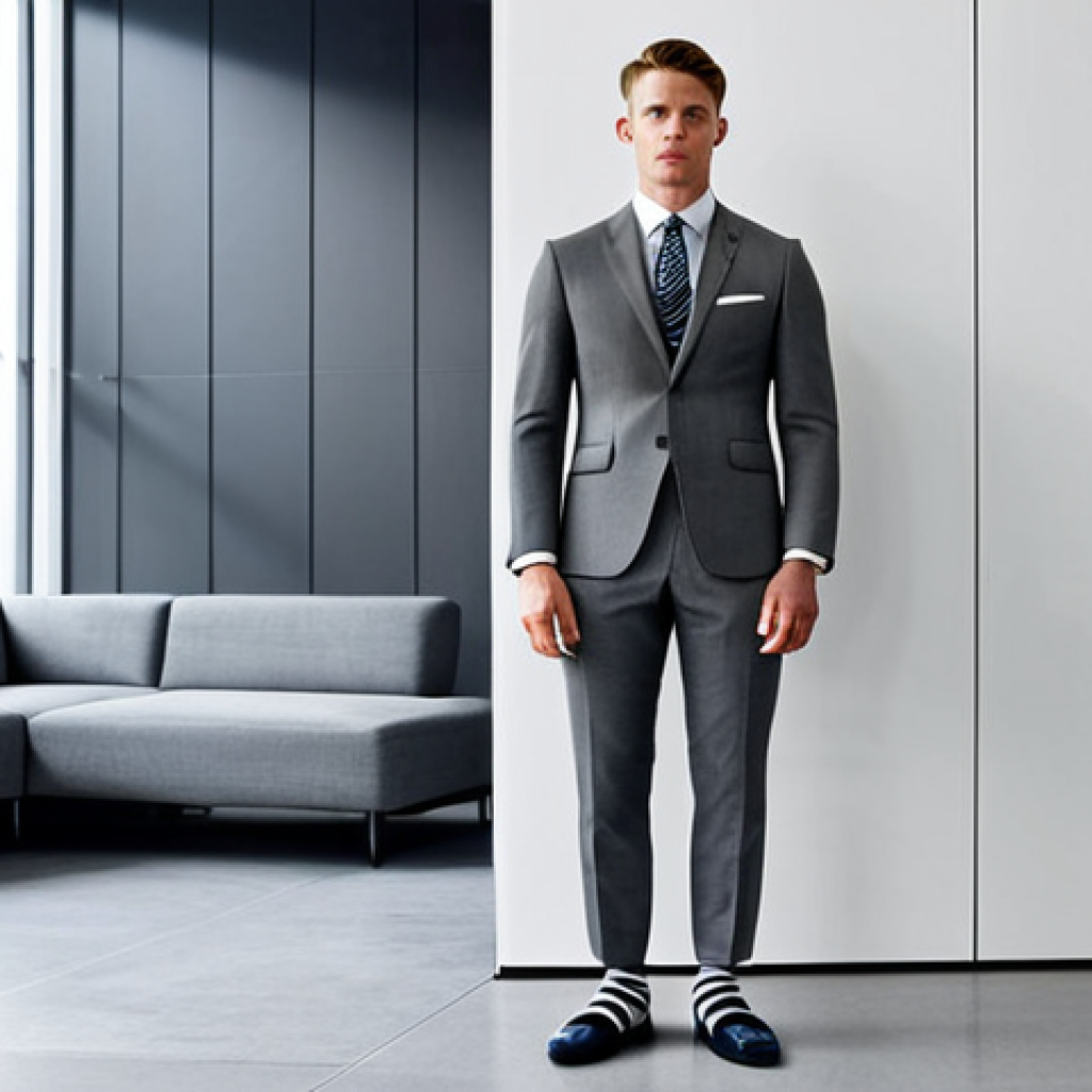 Thom Browne Inspired - Business Professional**

"A professional businessman in a sharply tailored grey suit, Thom Browne inspired, with cropped trousers and striped socks, standing in a modern office lobby, safe for work, fully clothed, appropriate attire, perfect anatomy, natural proportions, professional, high quality photography."

**
