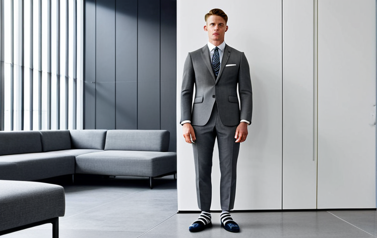 Thom Browne Inspired - Business Professional**
"A professional businessman in a sharply tailored grey suit, Thom Browne inspired, with cropped trousers and striped socks, standing in a modern office lobby, safe for work, fully clothed, appropriate attire, perfect anatomy, natural proportions, professional, high quality photography."
**