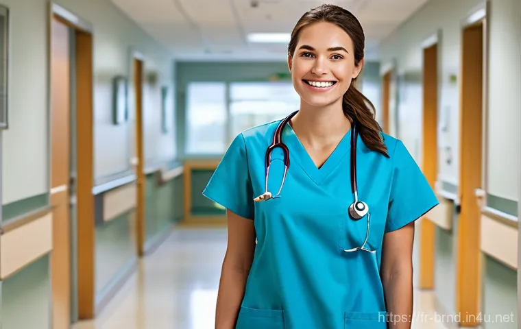 크록스와 버켄스탁의 워크웨어 슈즈 - **Prompt:** A cheerful female nurse, in her late 20s, with a warm smile, stands confidently in a wel...