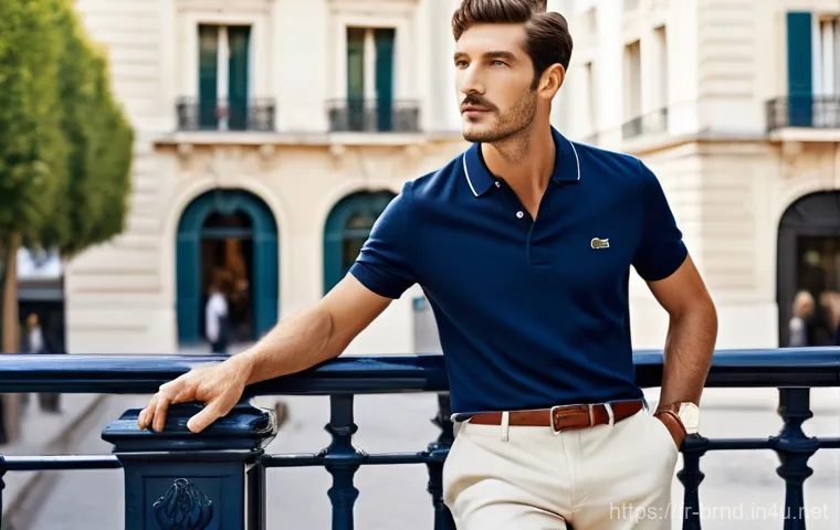라코스테와 유니클로 폴로티 비교 - Timeless French Elegance:**
A sophisticated adult man, approximately 40 years old, with a confident ...