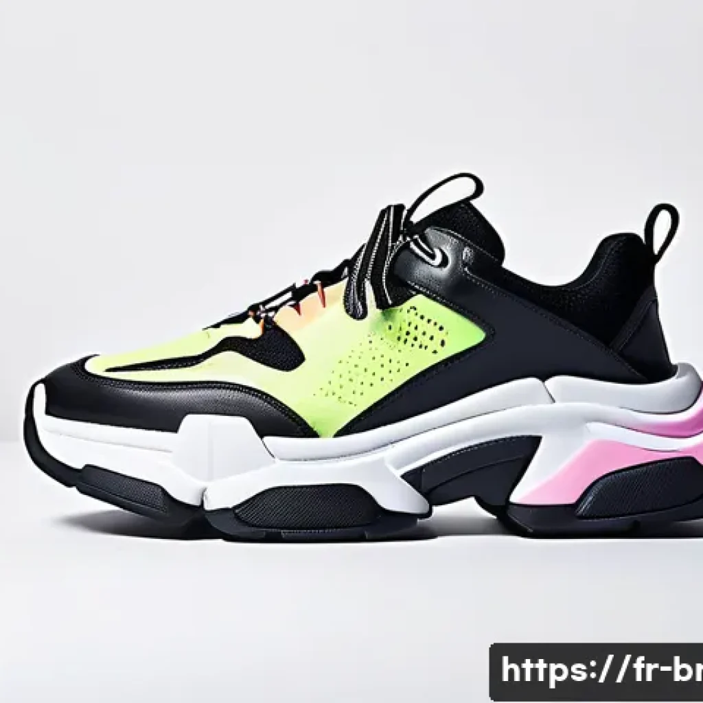 발렌시아가와 오프화이트의 스니커즈 비교 - A futuristic and avant-garde pair of chunky Balenciaga sneakers displayed on a minimalist monochrome...