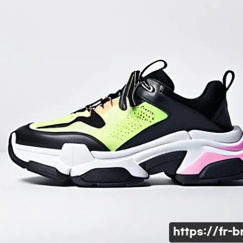 발렌시아가와 오프화이트의 스니커즈 비교 - A futuristic and avant-garde pair of chunky Balenciaga sneakers displayed on a minimalist monochrome...