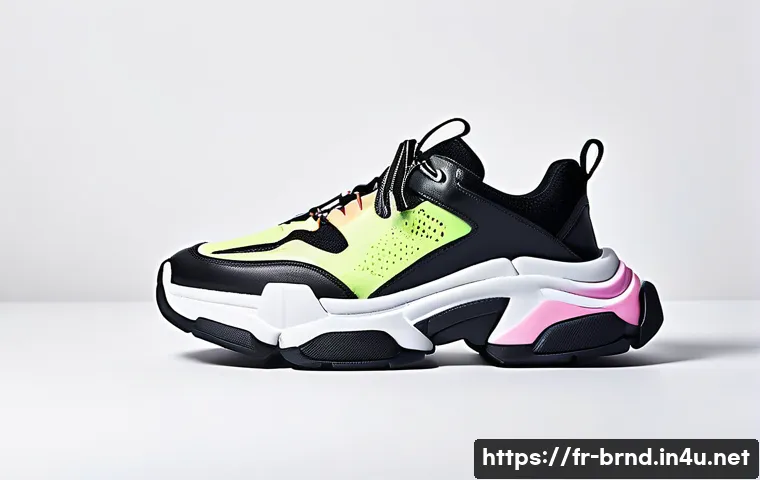 발렌시아가와 오프화이트의 스니커즈 비교 - A futuristic and avant-garde pair of chunky Balenciaga sneakers displayed on a minimalist monochrome...