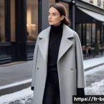 아미와 생로랑의 겨울 아우터 비교 - A refined urban winter scene featuring a model wearing an Ami coat made of natural merino wool and c...