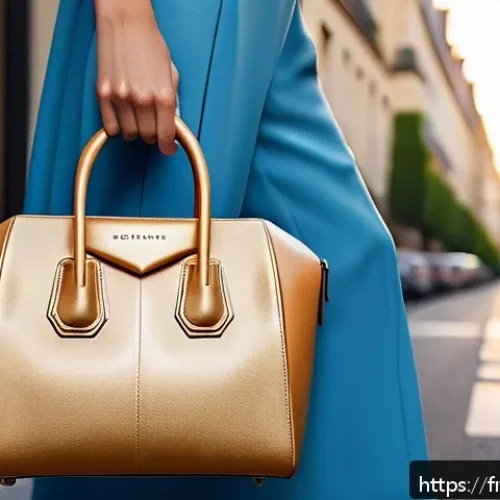 지방시와 발렌시아가 하이엔드 백 - A sophisticated urban woman elegantly holding a Givenchy Antigona handbag, featuring structured desi...