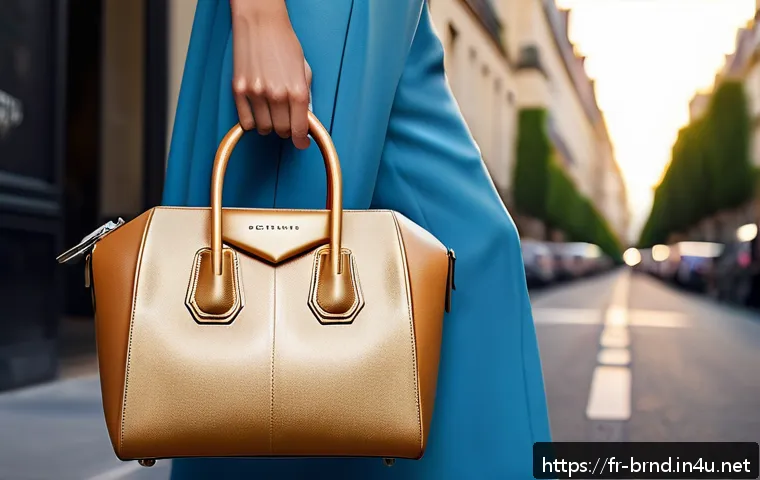 지방시와 발렌시아가 하이엔드 백 - A sophisticated urban woman elegantly holding a Givenchy Antigona handbag, featuring structured desi...