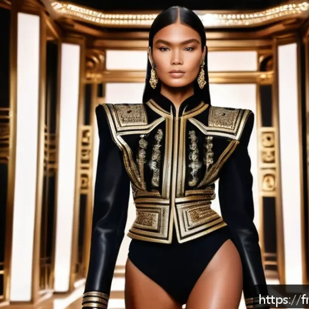 발망 vs 지방시 럭셔리 스타일 비교 - A powerful and glamorous female model wearing a structured Balmain outfit with pronounced shoulder p...