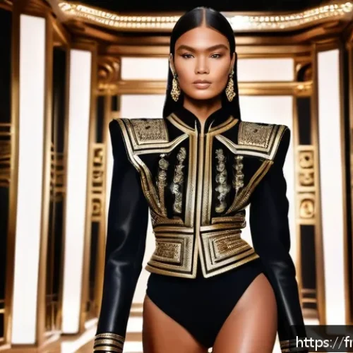 발망 vs 지방시 럭셔리 스타일 비교 - A powerful and glamorous female model wearing a structured Balmain outfit with pronounced shoulder p...