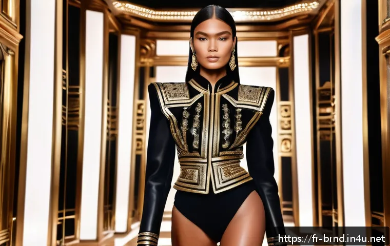 발망 vs 지방시 럭셔리 스타일 비교 - A powerful and glamorous female model wearing a structured Balmain outfit with pronounced shoulder p...