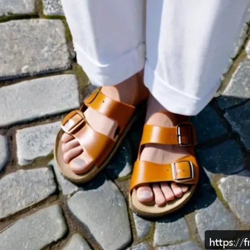 버켄스탁과 크록스의 여름 샌들 - A close-up shot of a person&rsquo;s feet wearing classic Birkenstock sandals with natural cork and leather...