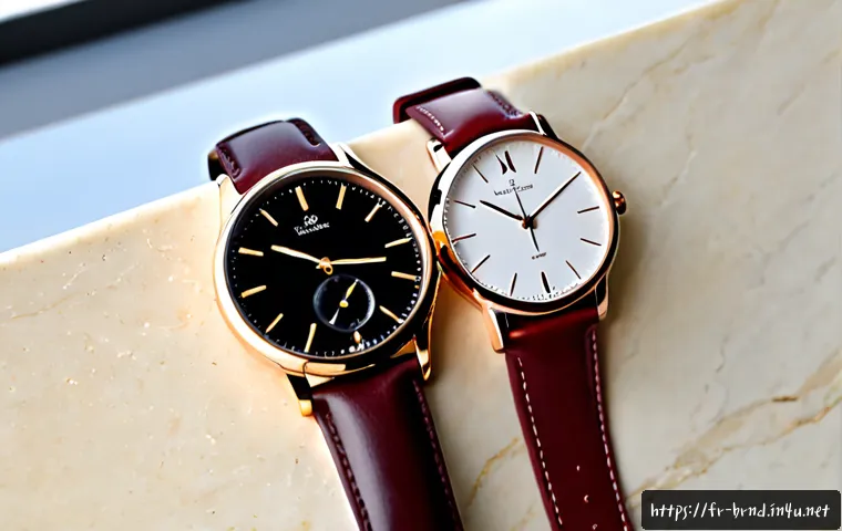 Home 17 몽블랑과 카르띠에 시계 라인 - Photorealistic luxury watch comparison on a refined Parisian boutique counter, two distinct Swiss-st...